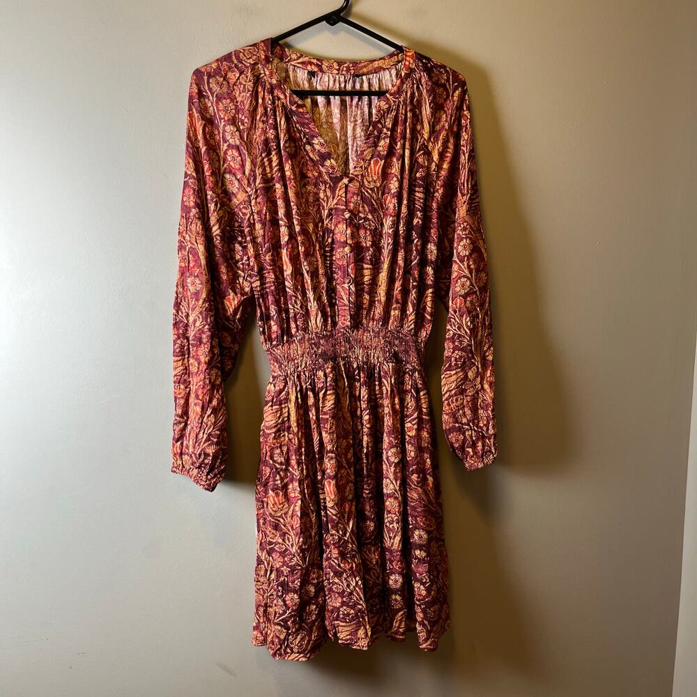 Peruvian Connection Adria Dress Burgundy Gold Floral V Neck Raglan Sleeve‎ Small